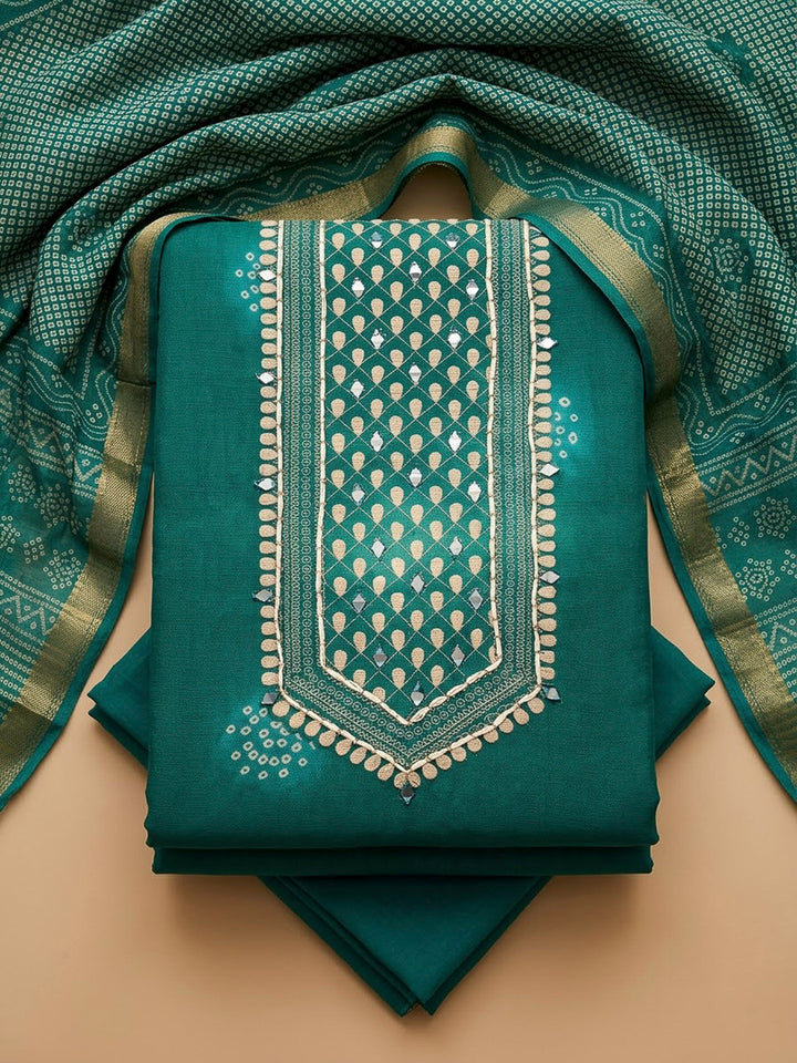 Green Chanderi Embroidered Unstitched Dress Material