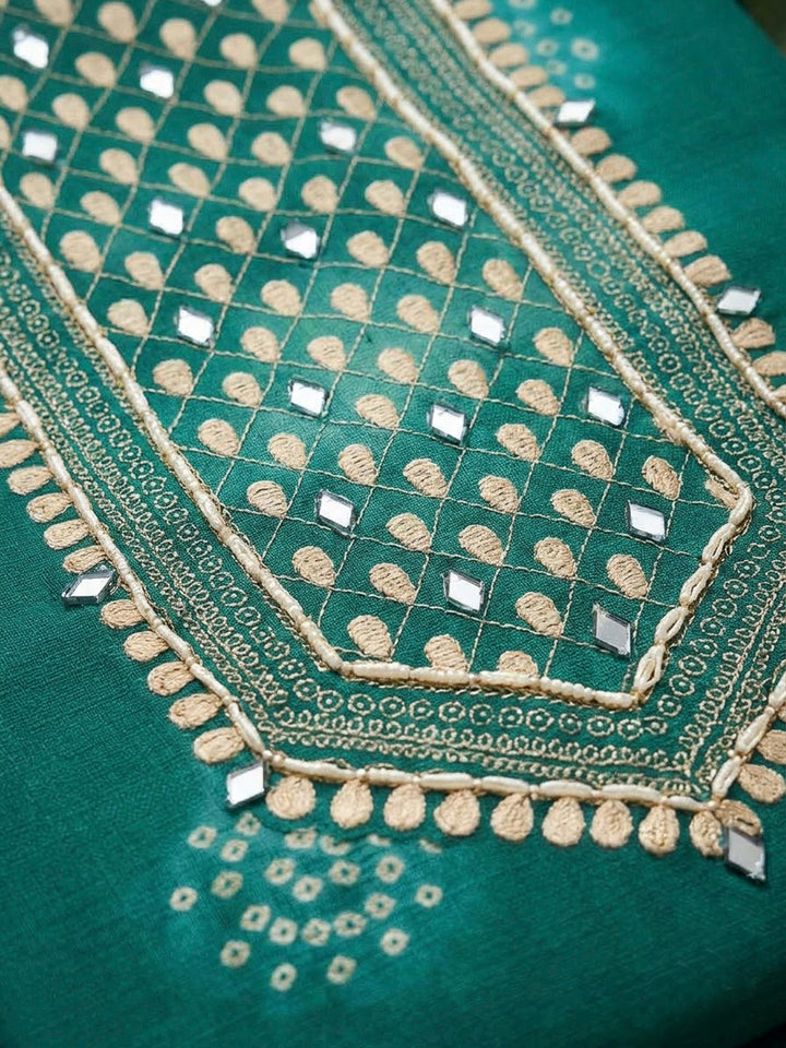 Green Chanderi Embroidered Unstitched Dress Material