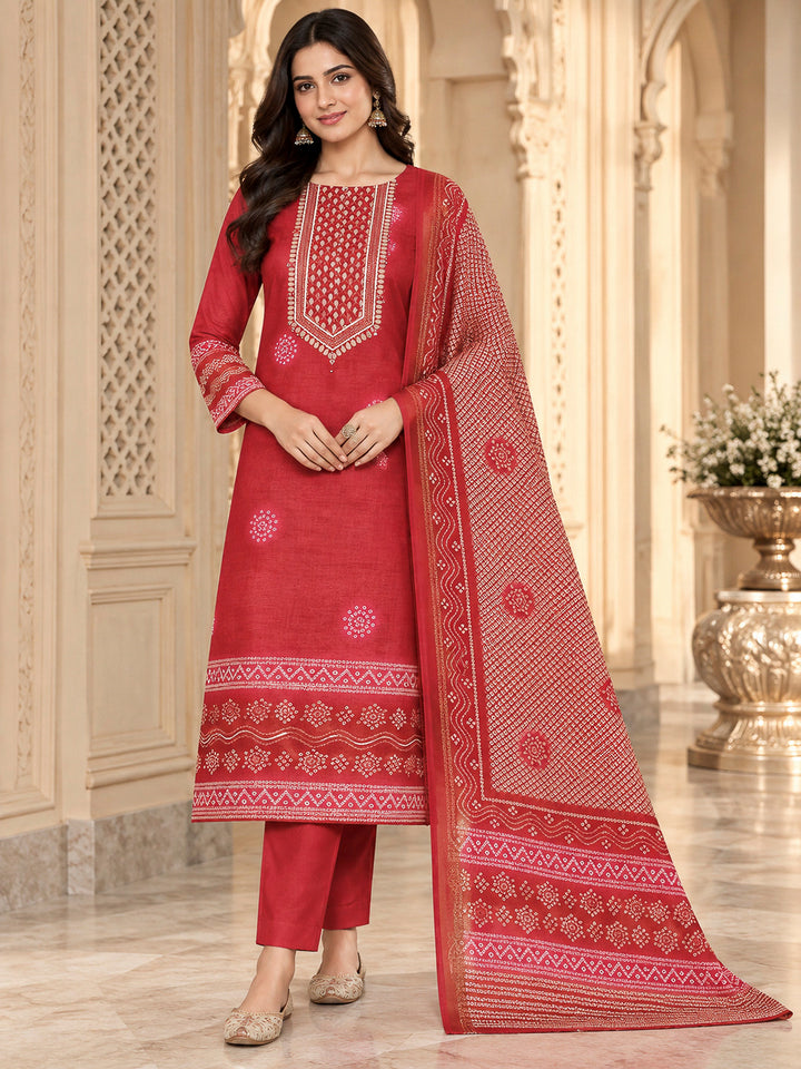 Hot Pink Chanderi Embroidered Unstitched Dress Material