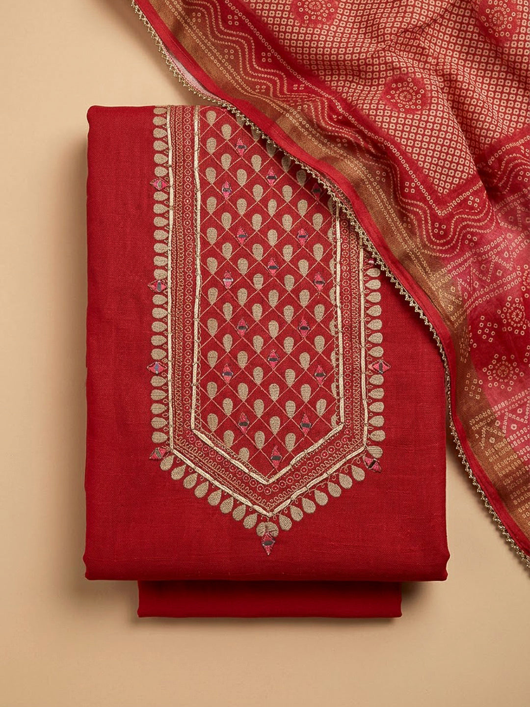 Hot Pink Chanderi Embroidered Unstitched Dress Material