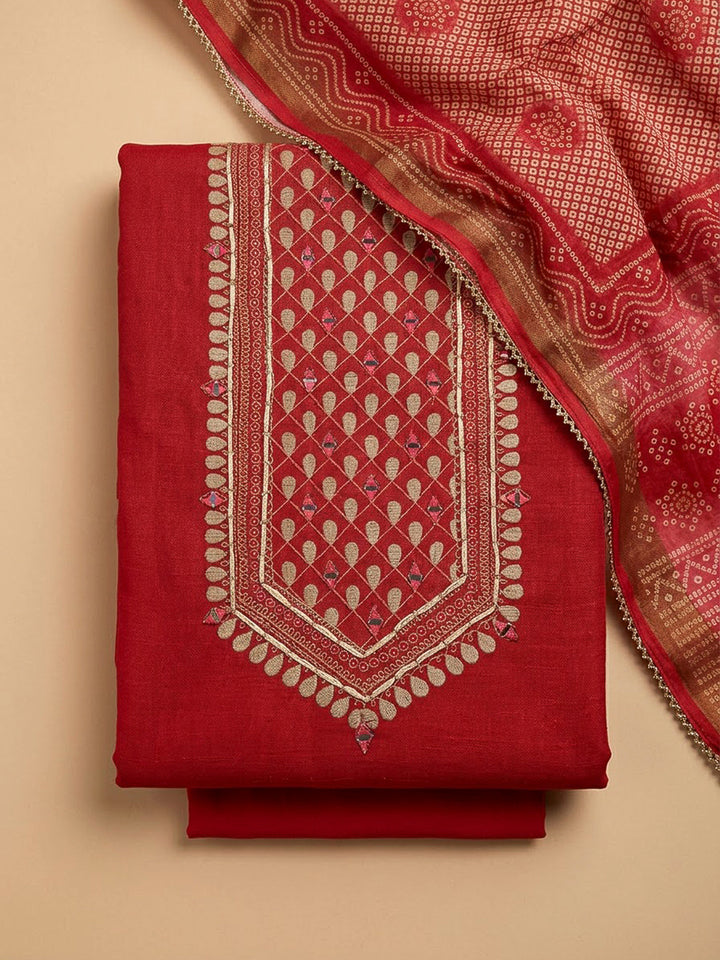 Hot Pink Chanderi Embroidered Unstitched Dress Material