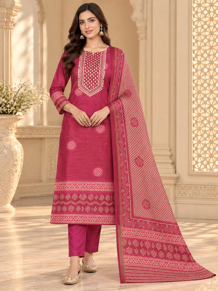 Onion Pink Chanderi Embroidered Unstitched Dress Material