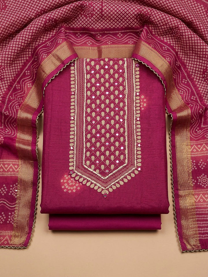 Onion Pink Chanderi Embroidered Unstitched Dress Material