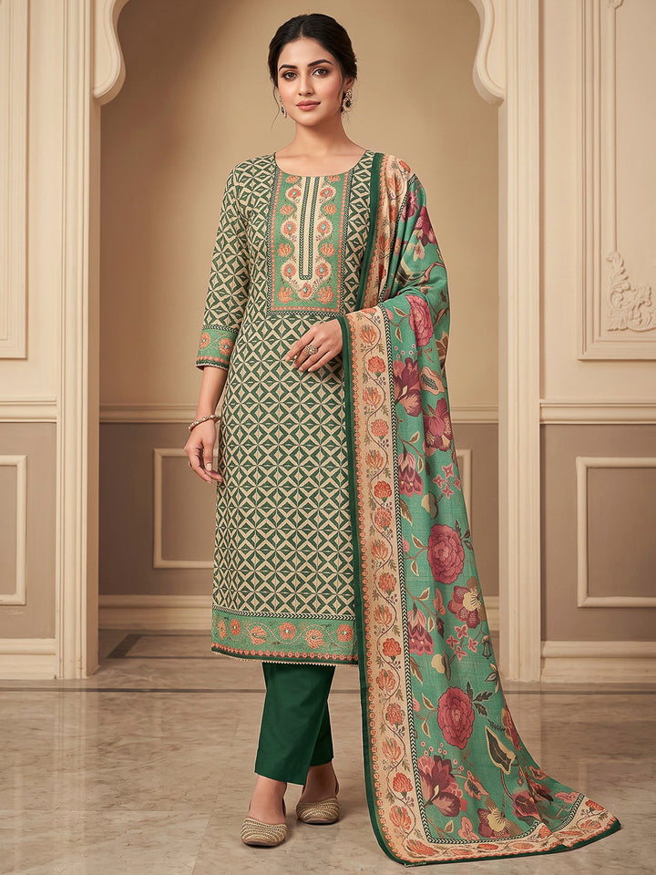 Bottle Green Cotton Blend Printed Unstitched Dress Material