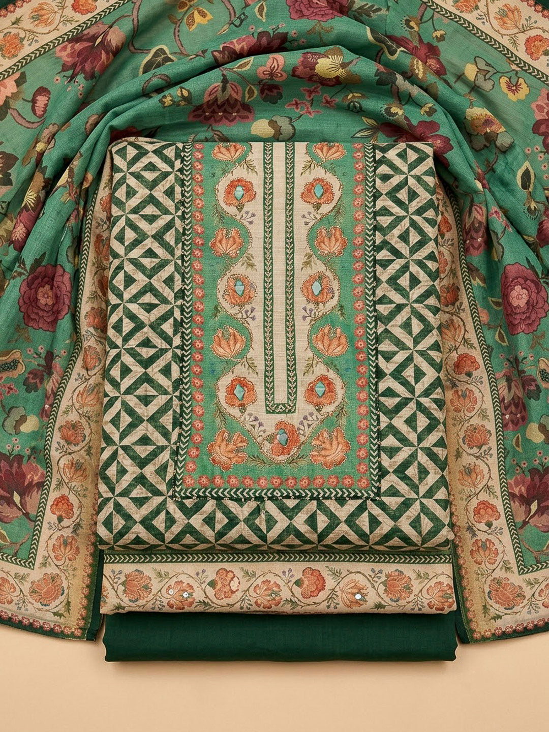 Bottle Green Cotton Blend Printed Unstitched Dress Material