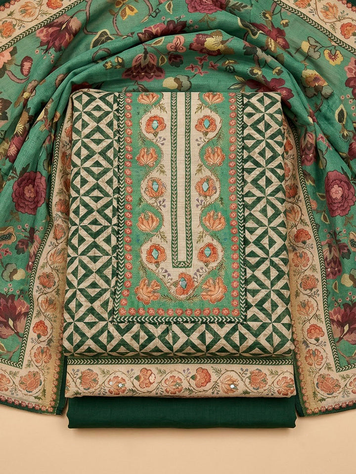 Bottle Green Cotton Blend Printed Unstitched Dress Material