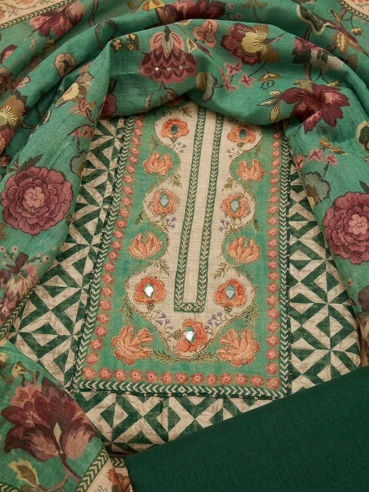 Bottle Green Cotton Blend Printed Unstitched Dress Material
