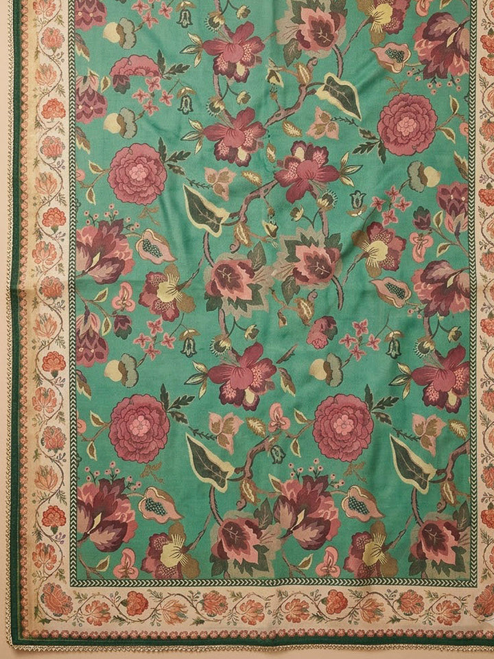 Bottle Green Cotton Blend Printed Unstitched Dress Material