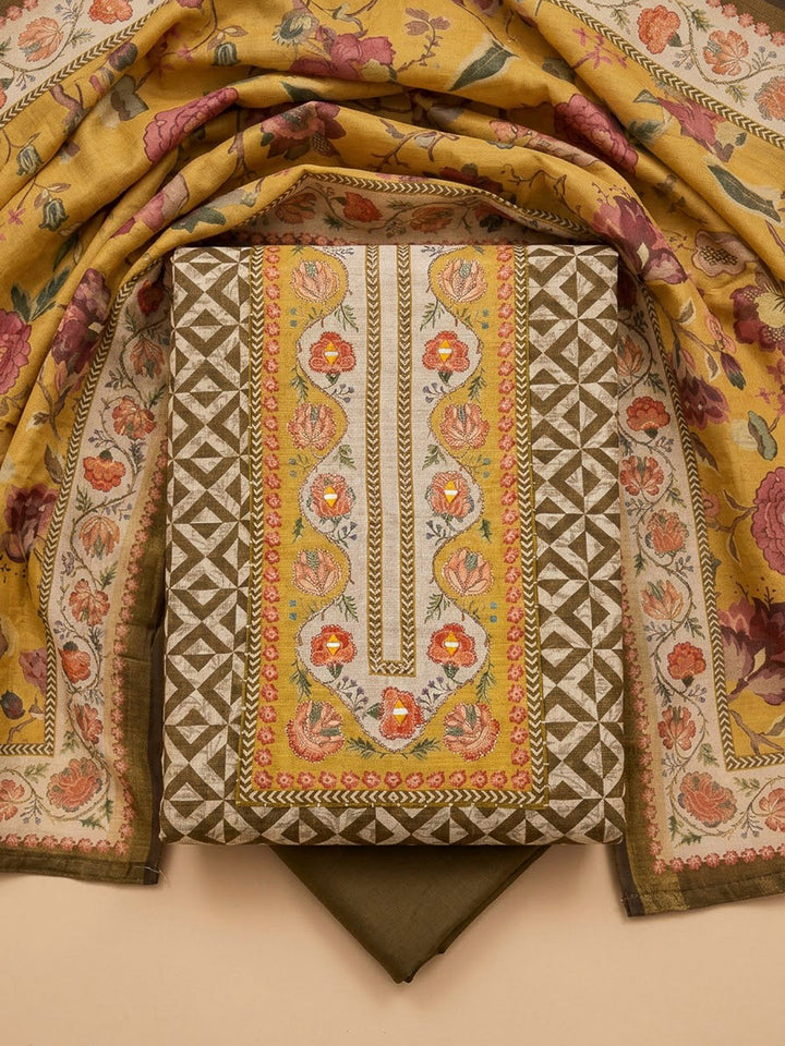 Mustard Cotton Blend Printed Unstitched Dress Material