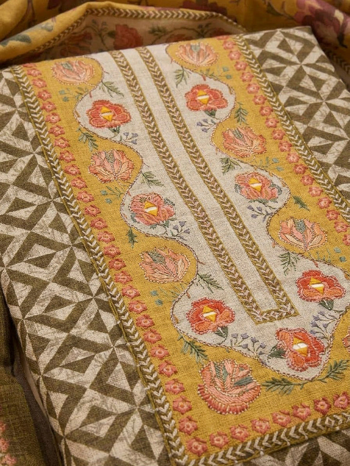 Mustard Cotton Blend Printed Unstitched Dress Material