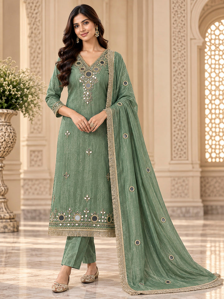 Green Organza Embroidered Unstitched Dress Material