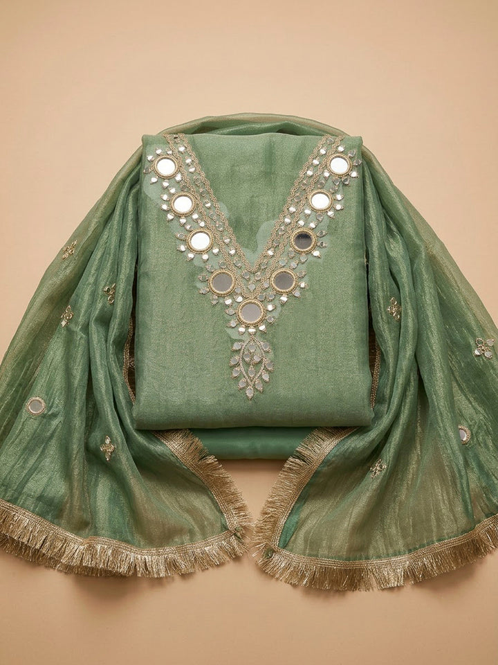 Green Organza Embroidered Unstitched Dress Material