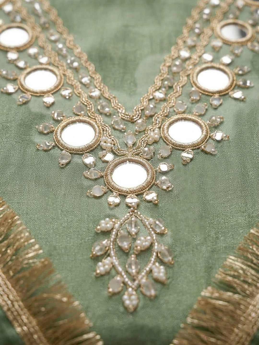 Green Organza Embroidered Unstitched Dress Material