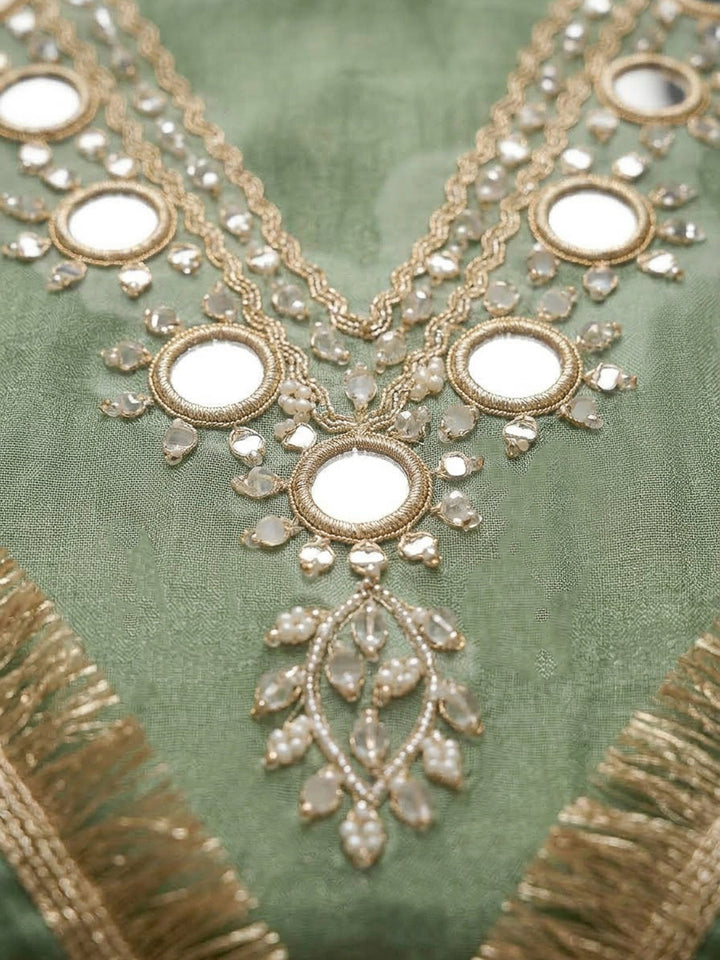 Green Organza Embroidered Unstitched Dress Material