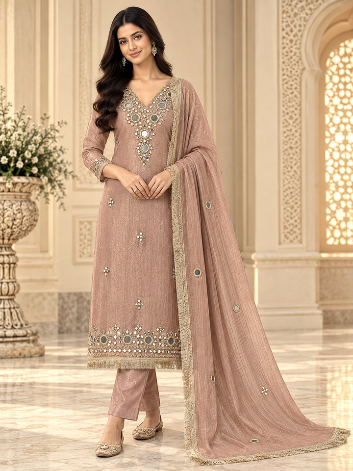 Peach Organza Embroidered Unstitched Dress Material