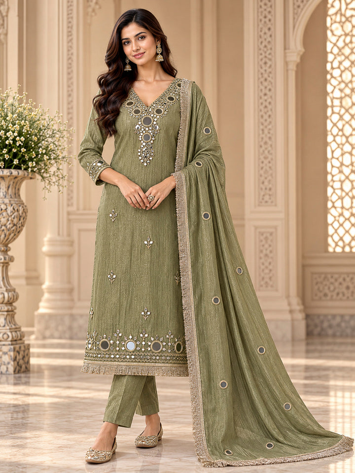 Pista Green Organza Embroidered Unstitched Dress Material