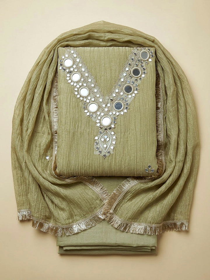 Pista Green Organza Embroidered Unstitched Dress Material