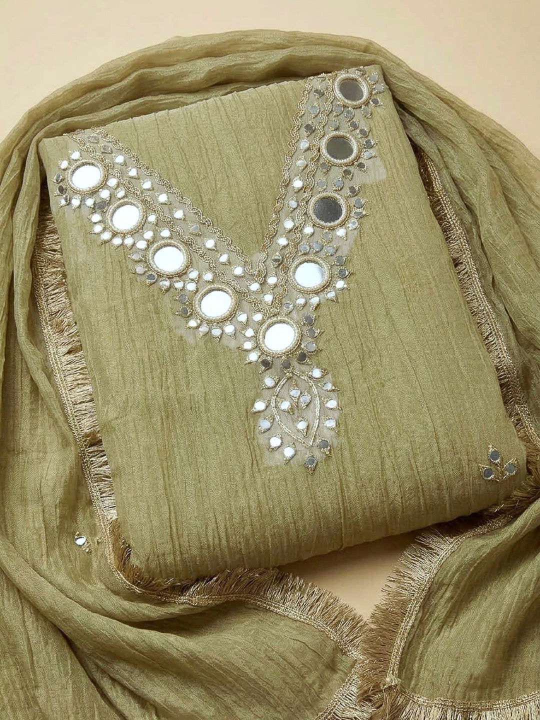Pista Green Organza Embroidered Unstitched Dress Material