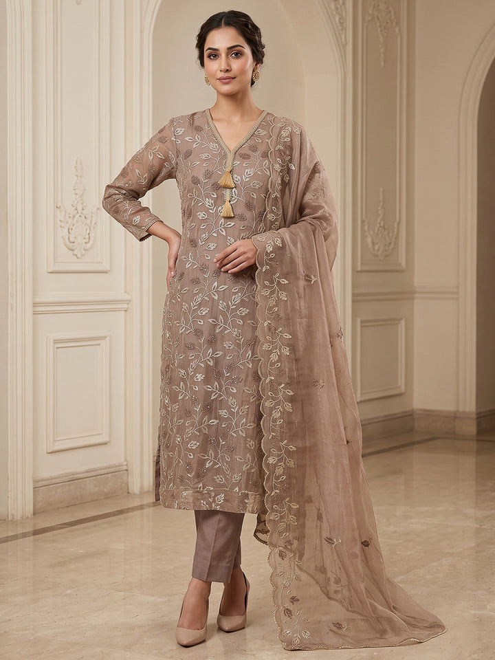 Onion Pink Organza Embroidered Unstitched Dress Material