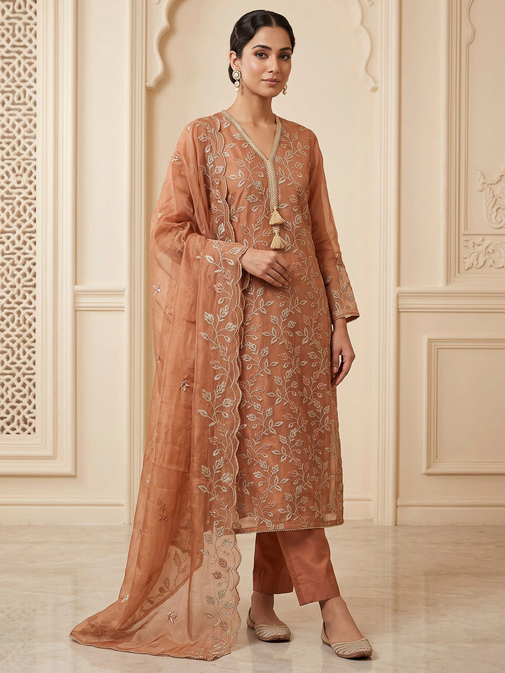 Peach Organza Embroidered Unstitched Dress Material
