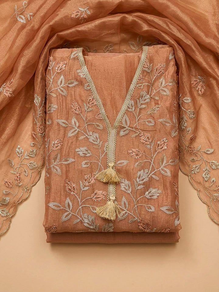 Peach Organza Embroidered Unstitched Dress Material