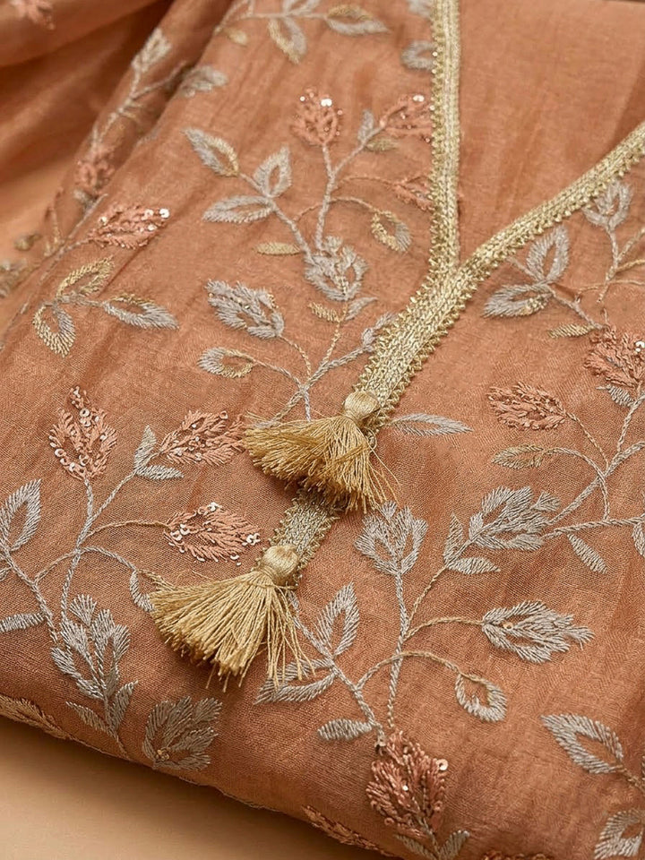 Peach Organza Embroidered Unstitched Dress Material