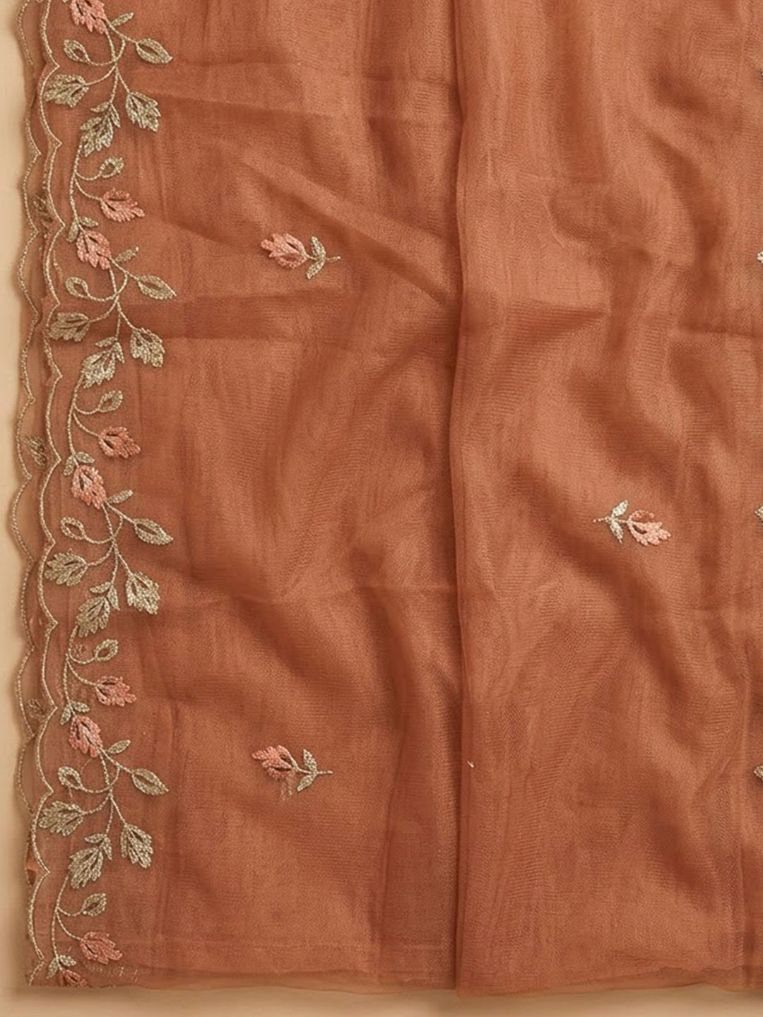 Peach Organza Embroidered Unstitched Dress Material