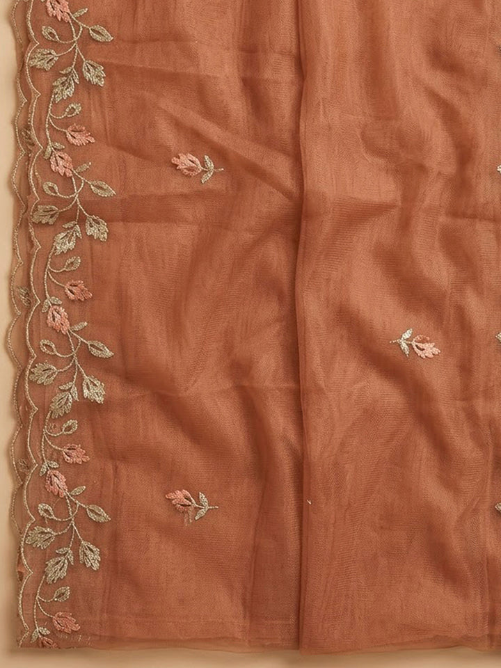 Peach Organza Embroidered Unstitched Dress Material