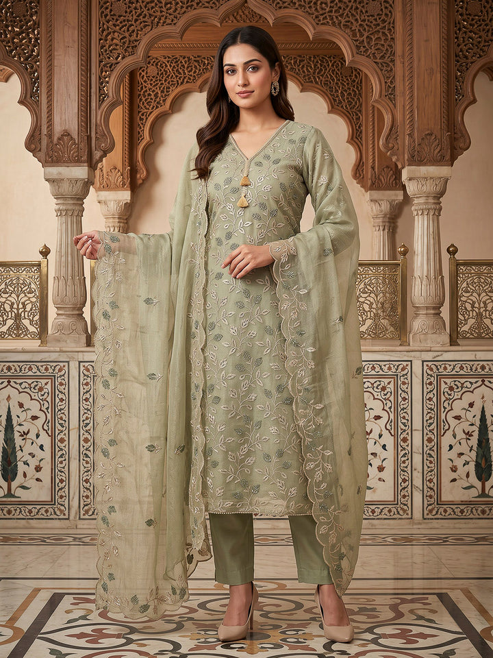 Pista Green Organza Embroidered Unstitched Dress Material