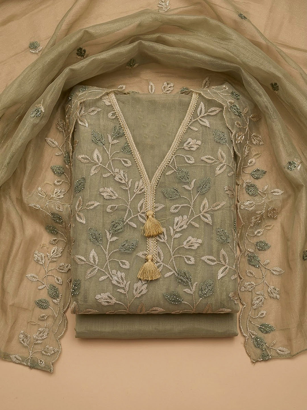 Pista Green Organza Embroidered Unstitched Dress Material