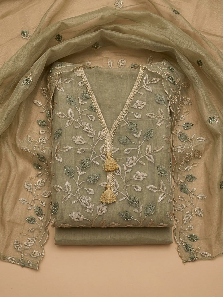 Pista Green Organza Embroidered Unstitched Dress Material
