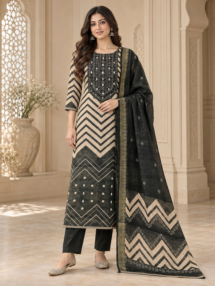 Black Cotton Blend Embroidered Unstitched Dress Material