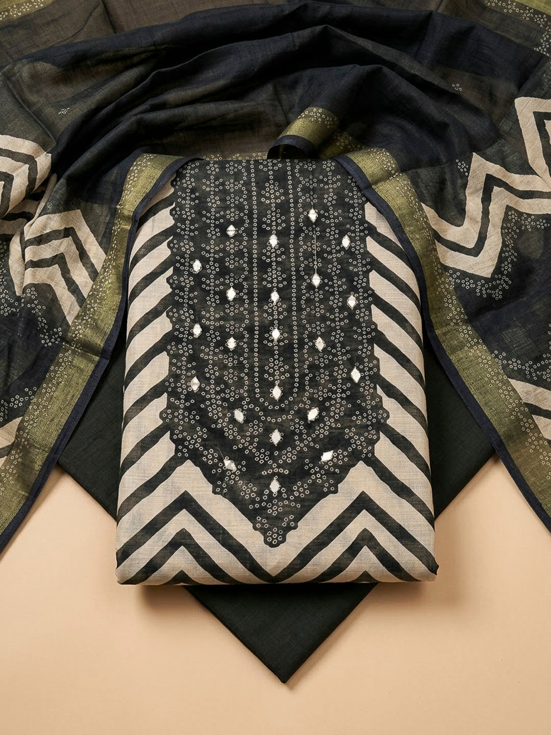 Black Cotton Blend Embroidered Unstitched Dress Material