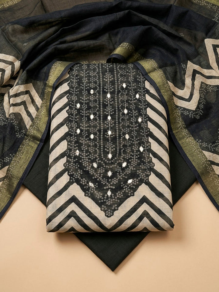 Black Cotton Blend Embroidered Unstitched Dress Material