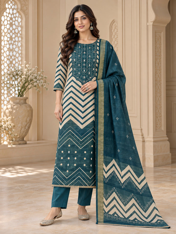Blue Cotton Blend Embroidered Unstitched Dress Material