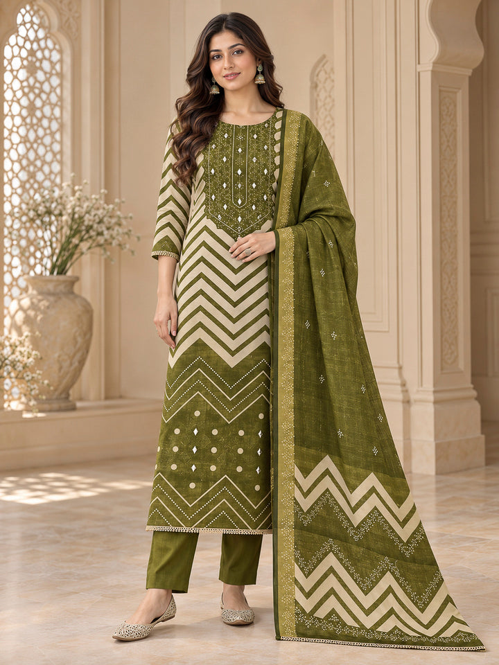 Mehndi Cotton Blend Embroidered Unstitched Dress Material