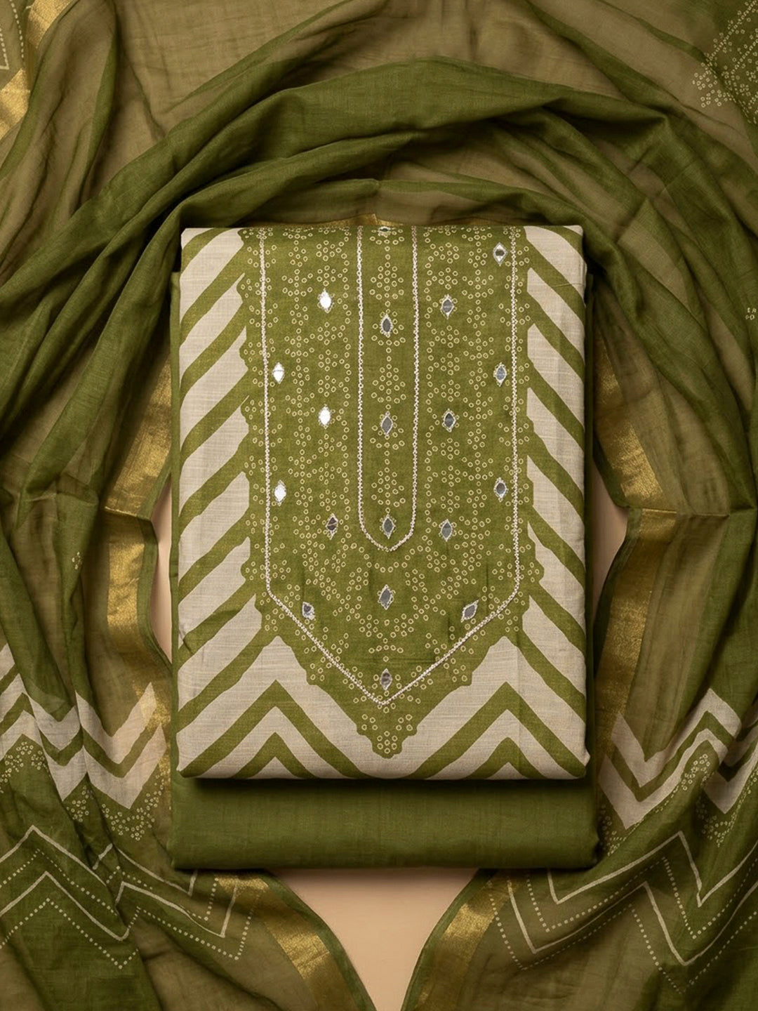 Mehndi Cotton Blend Embroidered Unstitched Dress Material