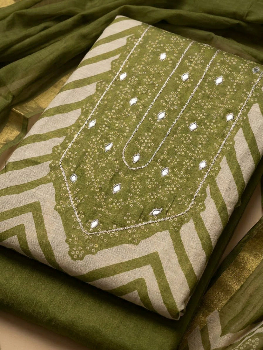 Mehndi Cotton Blend Embroidered Unstitched Dress Material