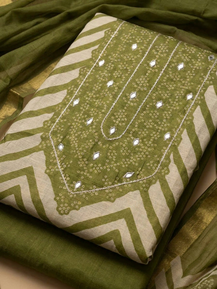 Mehndi Cotton Blend Embroidered Unstitched Dress Material