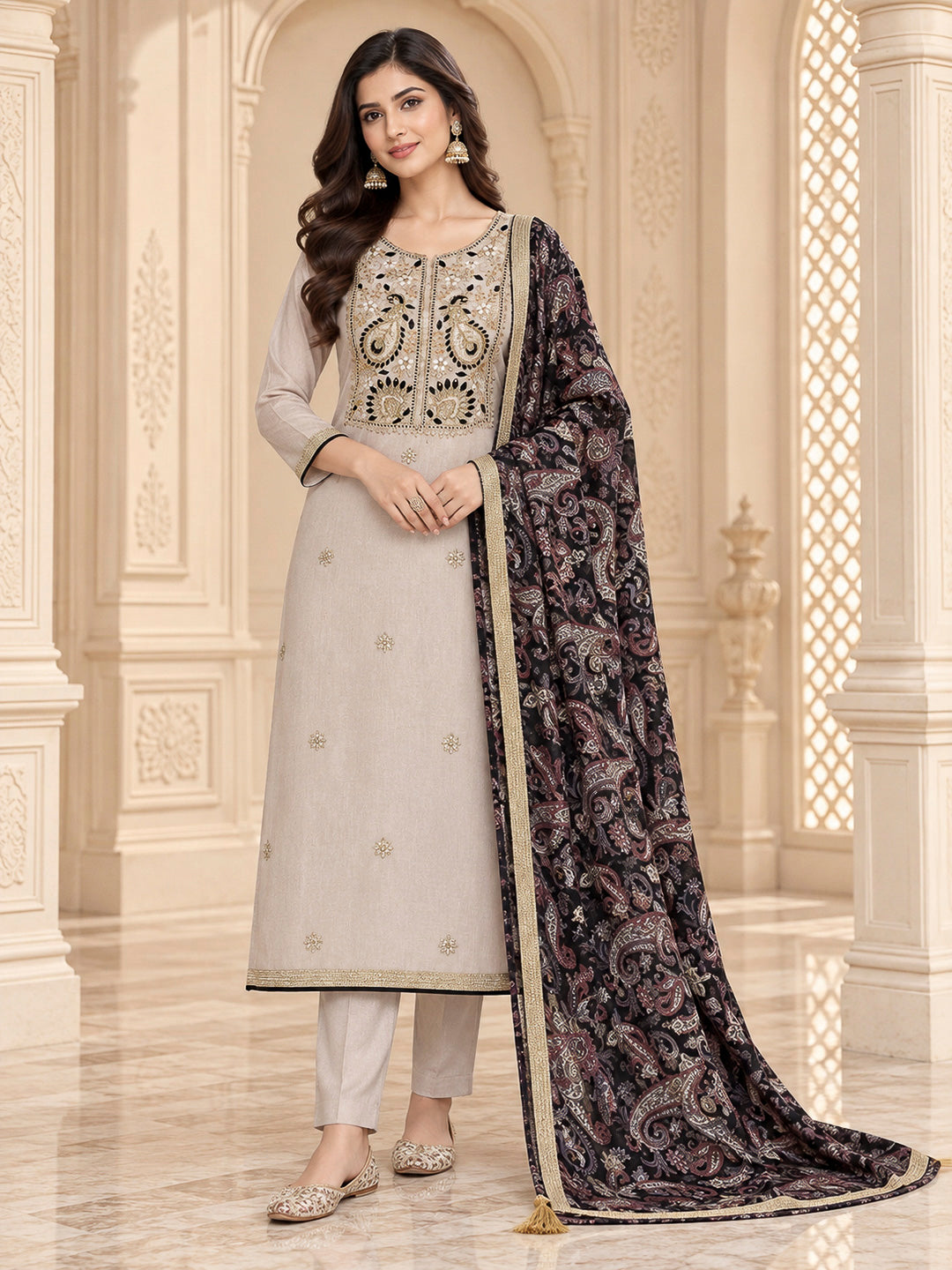 Cream Organza Embroidered Unstitched Dress Material