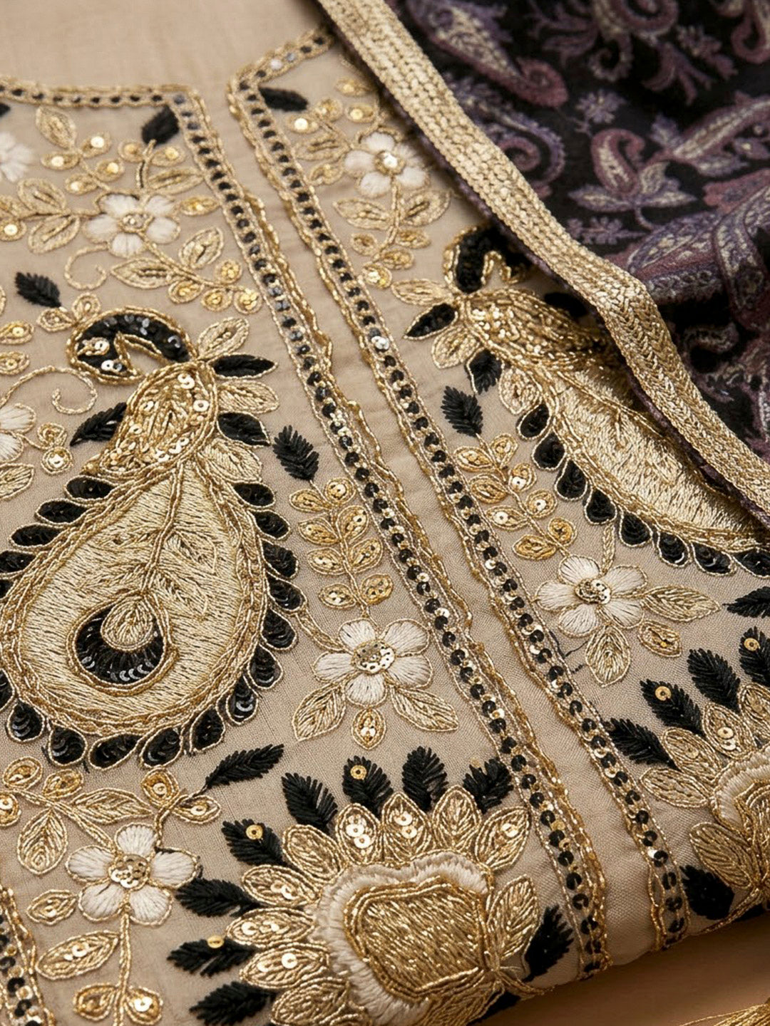Cream Organza Embroidered Unstitched Dress Material
