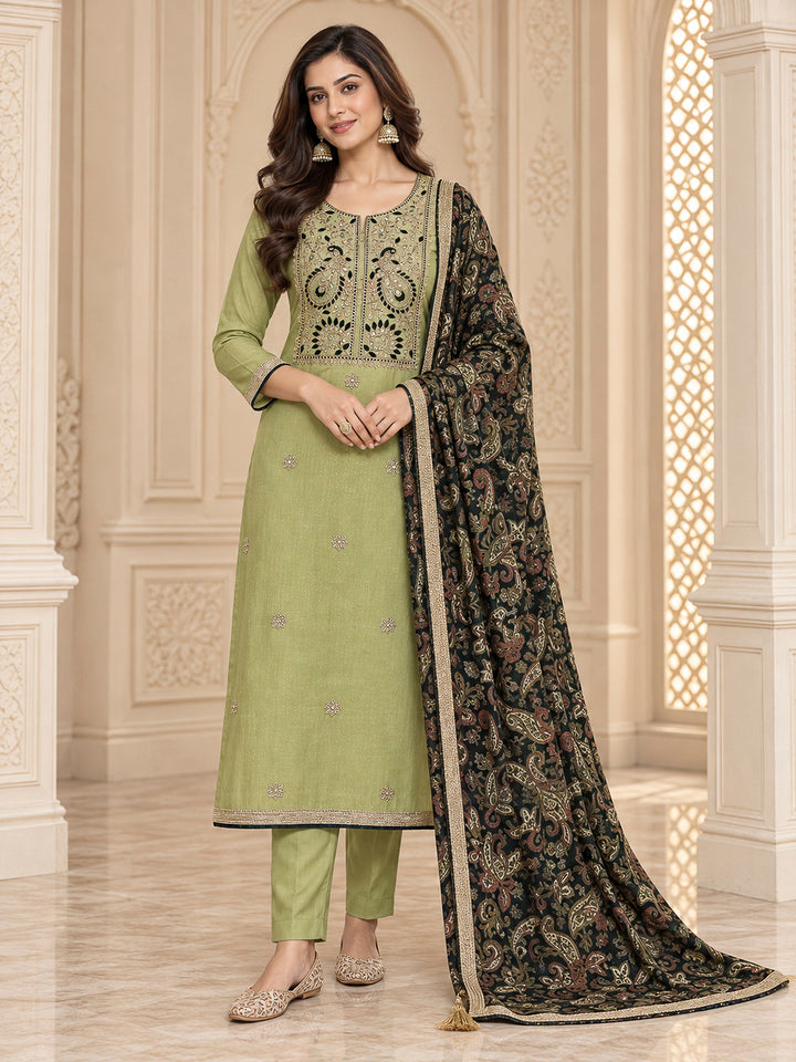 Pista Green Organza Embroidered Unstitched Dress Material