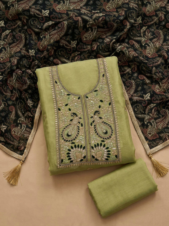 Pista Green Organza Embroidered Unstitched Dress Material