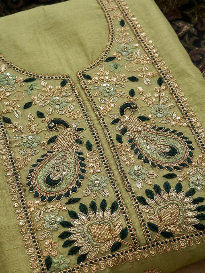 Pista Green Organza Embroidered Unstitched Dress Material