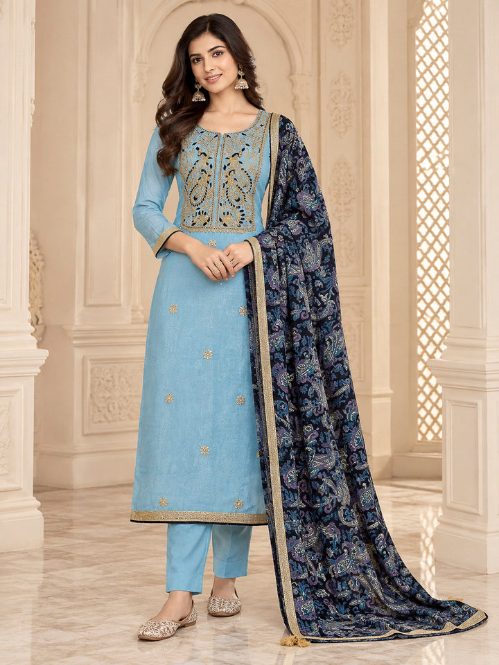 Sky Blue Organza Embroidered Unstitched Dress Material