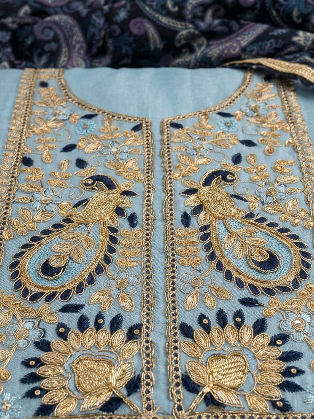 Sky Blue Organza Embroidered Unstitched Dress Material