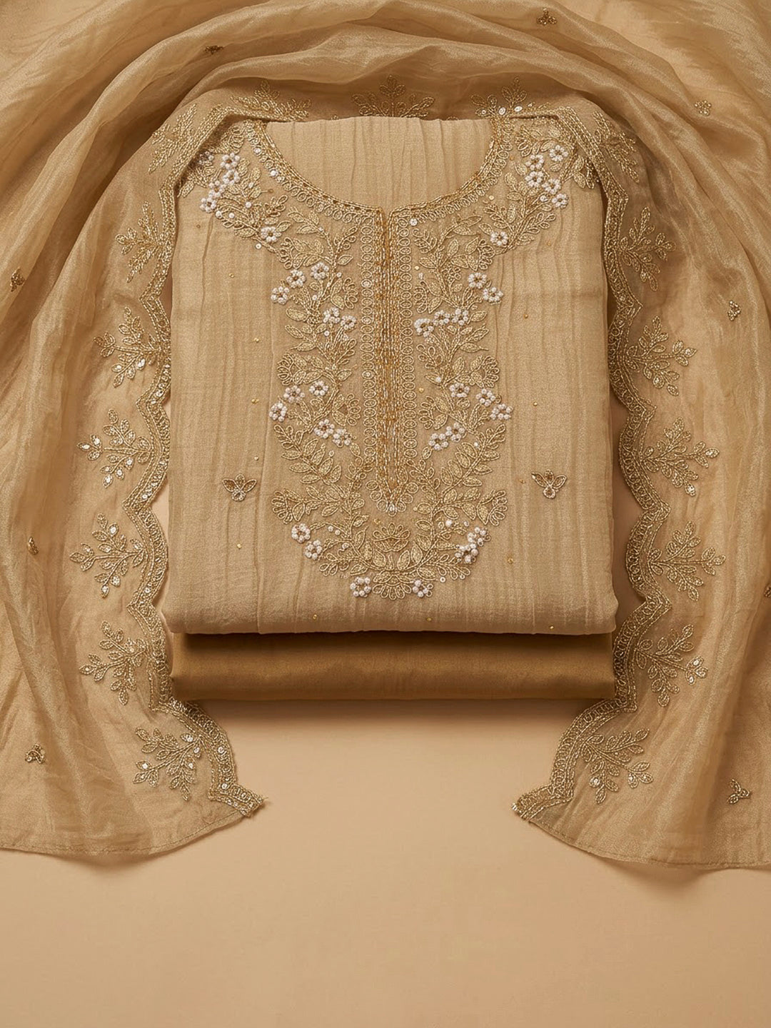 Beige Organza Embroidered Unstitched Dress Material