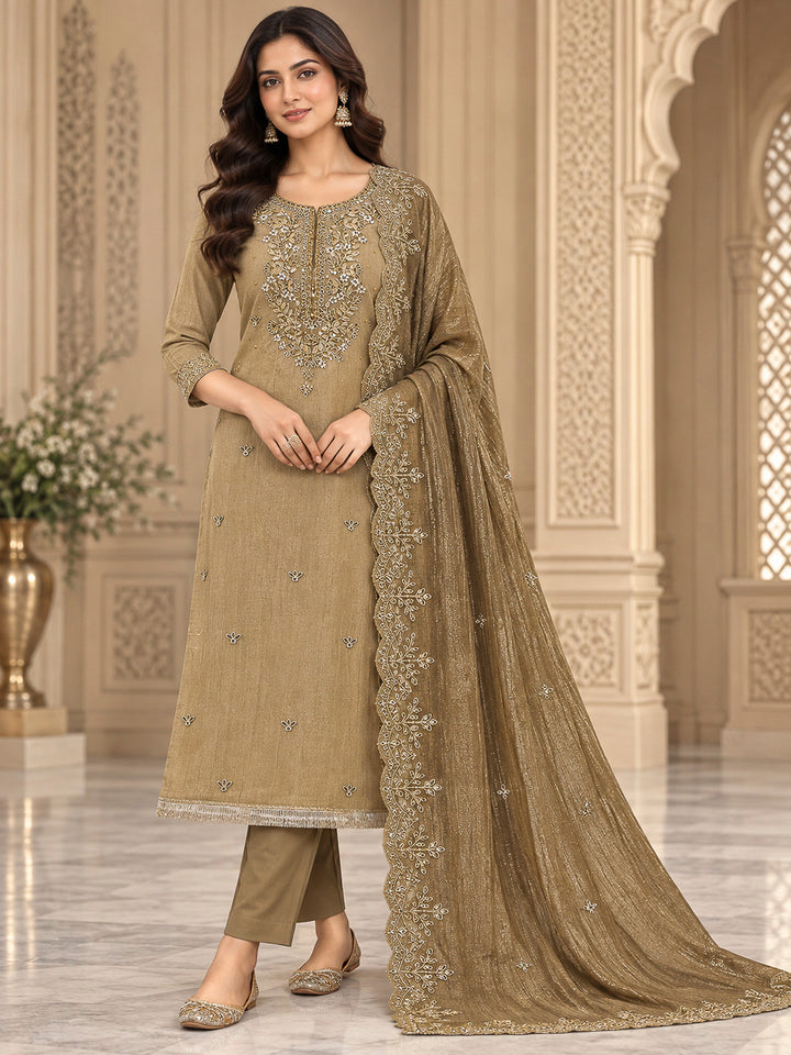 Beige Organza Embroidered Unstitched Dress Material