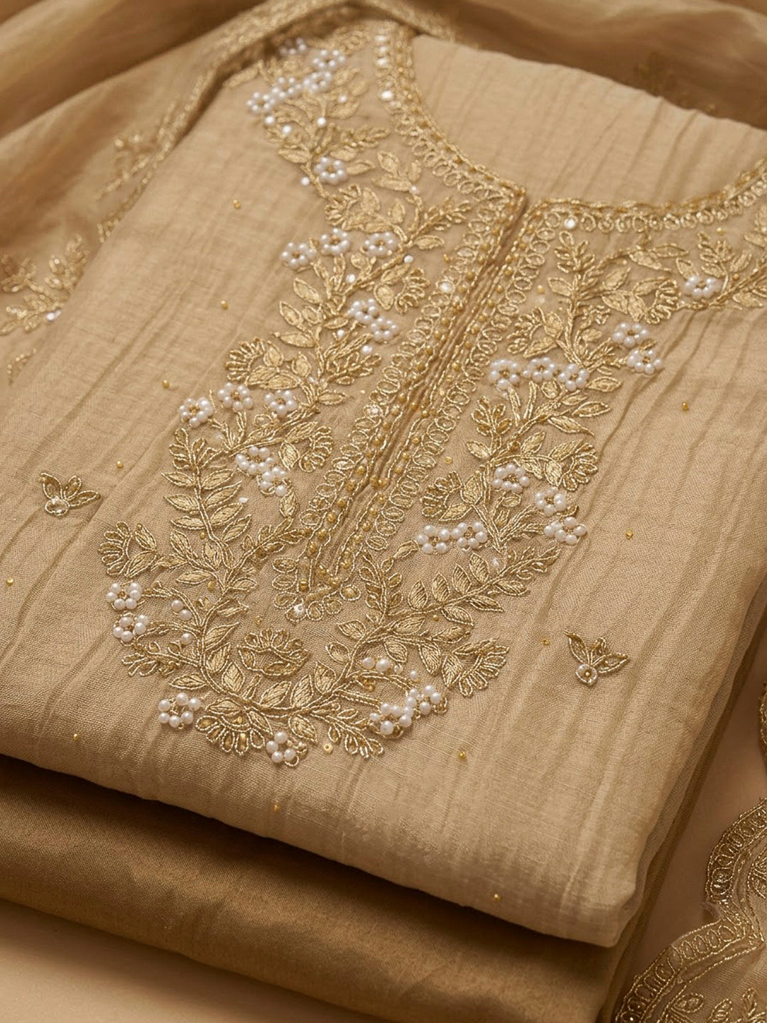 Beige Organza Embroidered Unstitched Dress Material