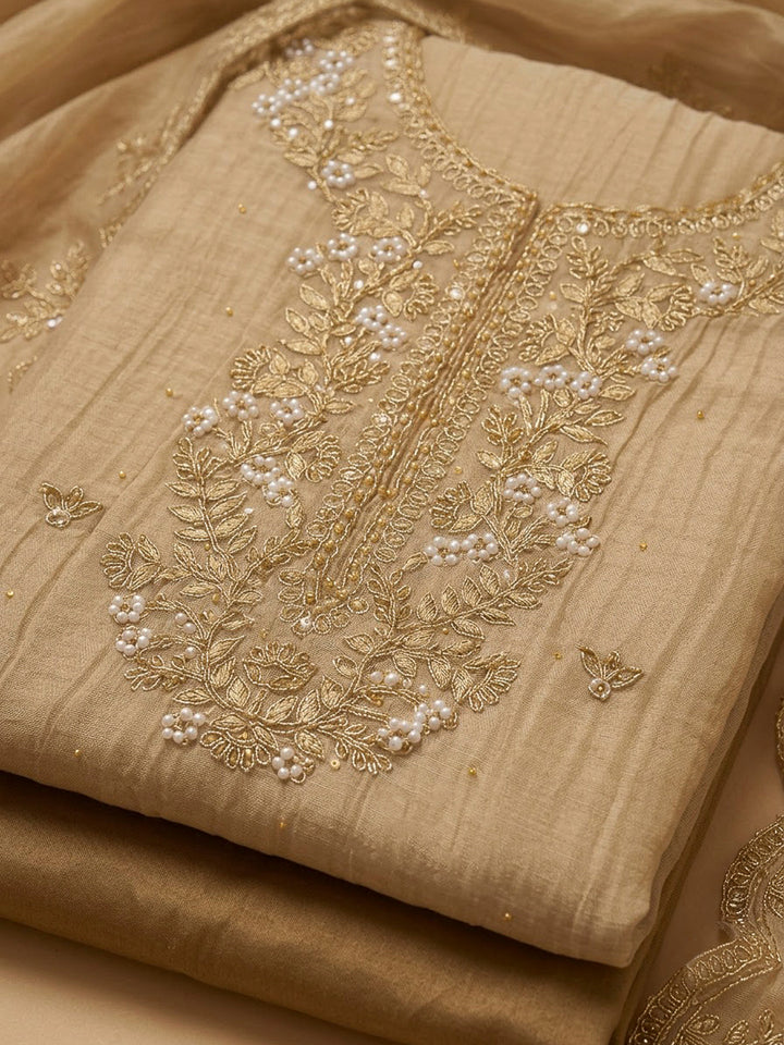 Beige Organza Embroidered Unstitched Dress Material